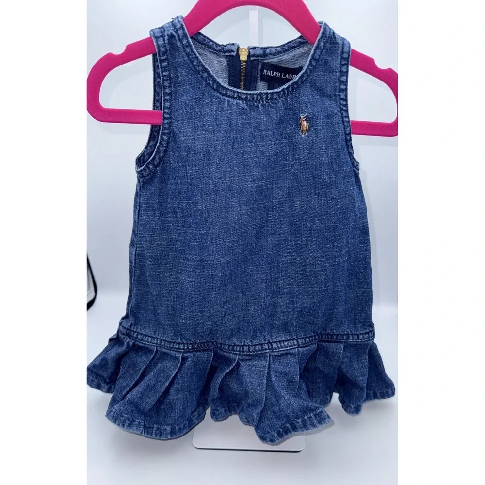 Vintage Ralph Lauren Denim Infant Dress Size 9m Classic Ruffled Hem Embroidered